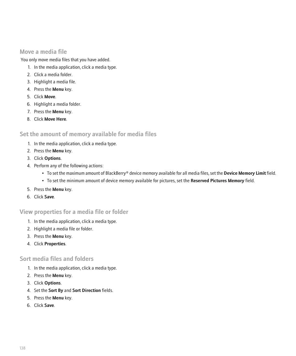 Move a media file, View properties for a media file or folder, Sort media files and folders | Blackberry 8100 User Manual | Page 140 / 262