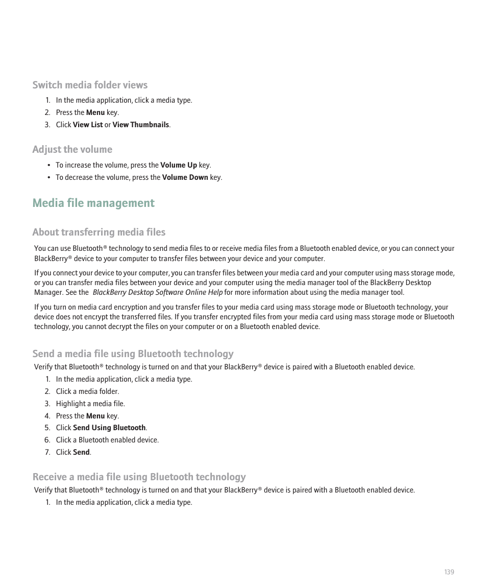 Media file management, Switch media folder views, Adjust the volume | About transferring media files, Send a media file using bluetooth technology, Receive a media file using bluetooth technology | Blackberry 8100 User Manual | Page 141 / 262
