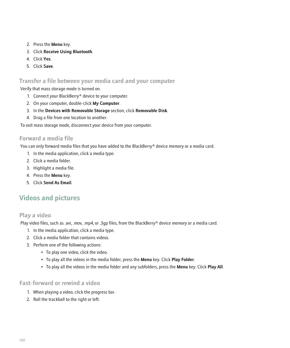 Videos and pictures, Forward a media file, Play a video | Fast-forward or rewind a video | Blackberry 8100 User Manual | Page 142 / 262