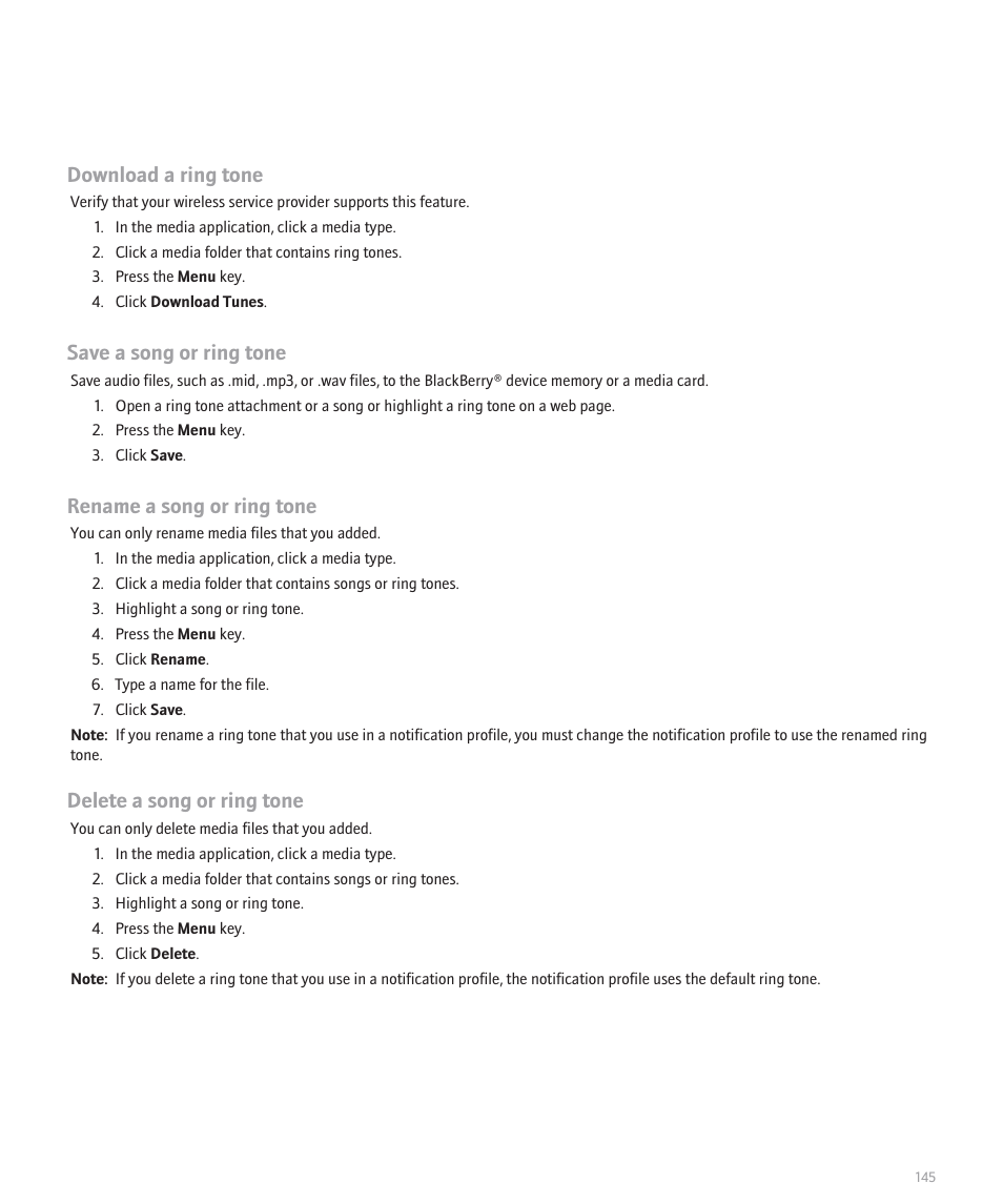Download a ring tone, Save a song or ring tone, Rename a song or ring tone | Delete a song or ring tone | Blackberry 8100 User Manual | Page 147 / 262