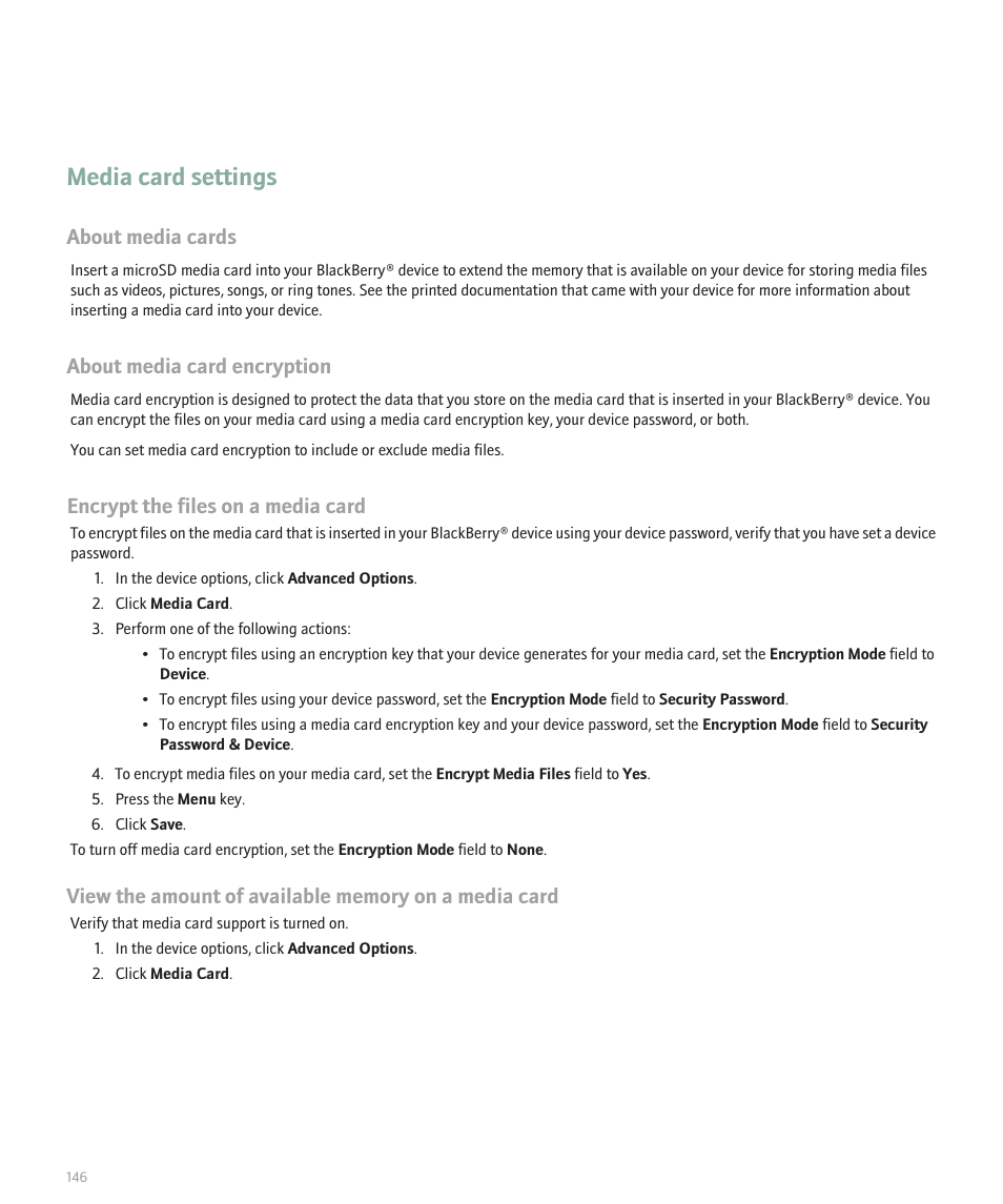 Media card settings, About media cards, About media card encryption | Encrypt the files on a media card | Blackberry 8100 User Manual | Page 148 / 262