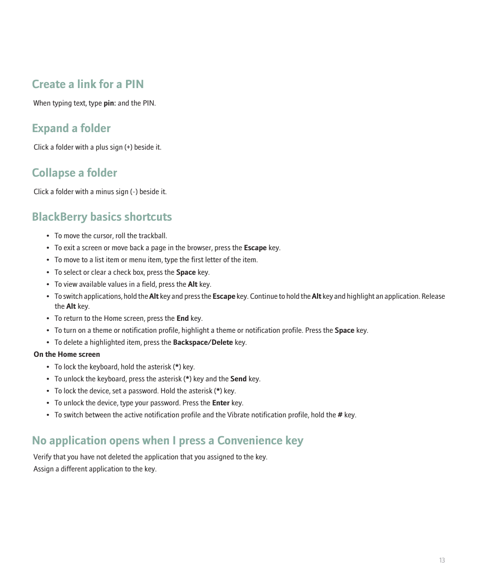 Create a link for a pin, Expand a folder, Collapse a folder | Blackberry basics shortcuts | Blackberry 8100 User Manual | Page 15 / 262