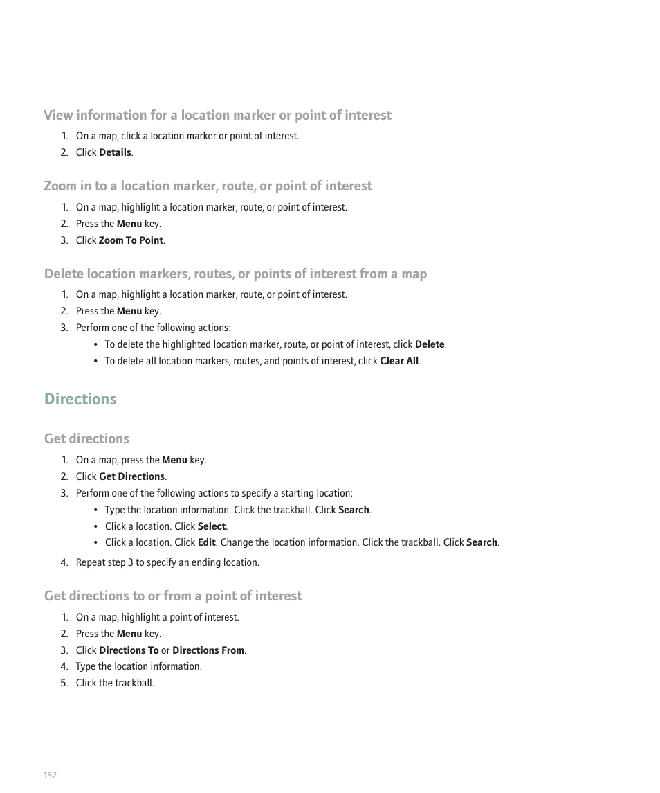 Directions, Get directions, Get directions to or from a point of interest | Blackberry 8100 User Manual | Page 154 / 262