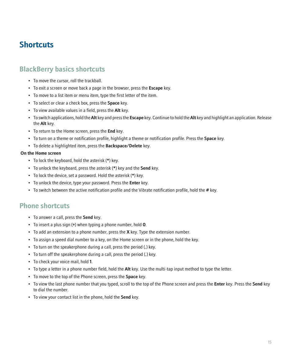 Shortcuts, Blackberry basics shortcuts, Phone shortcuts | Blackberry 8100 User Manual | Page 17 / 262