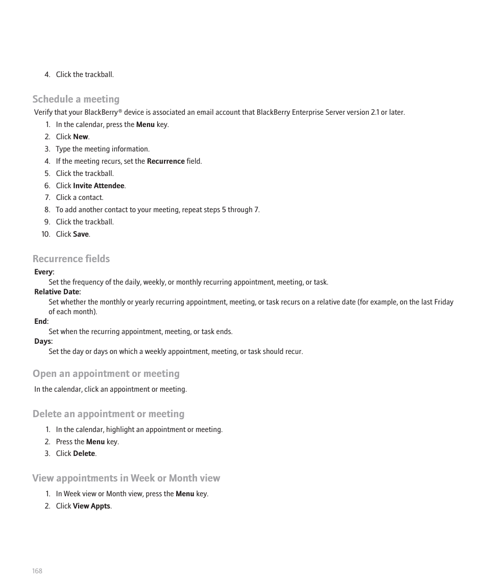 Schedule a meeting, Recurrence fields, Open an appointment or meeting | Delete an appointment or meeting, View appointments in week or month view | Blackberry 8100 User Manual | Page 170 / 262
