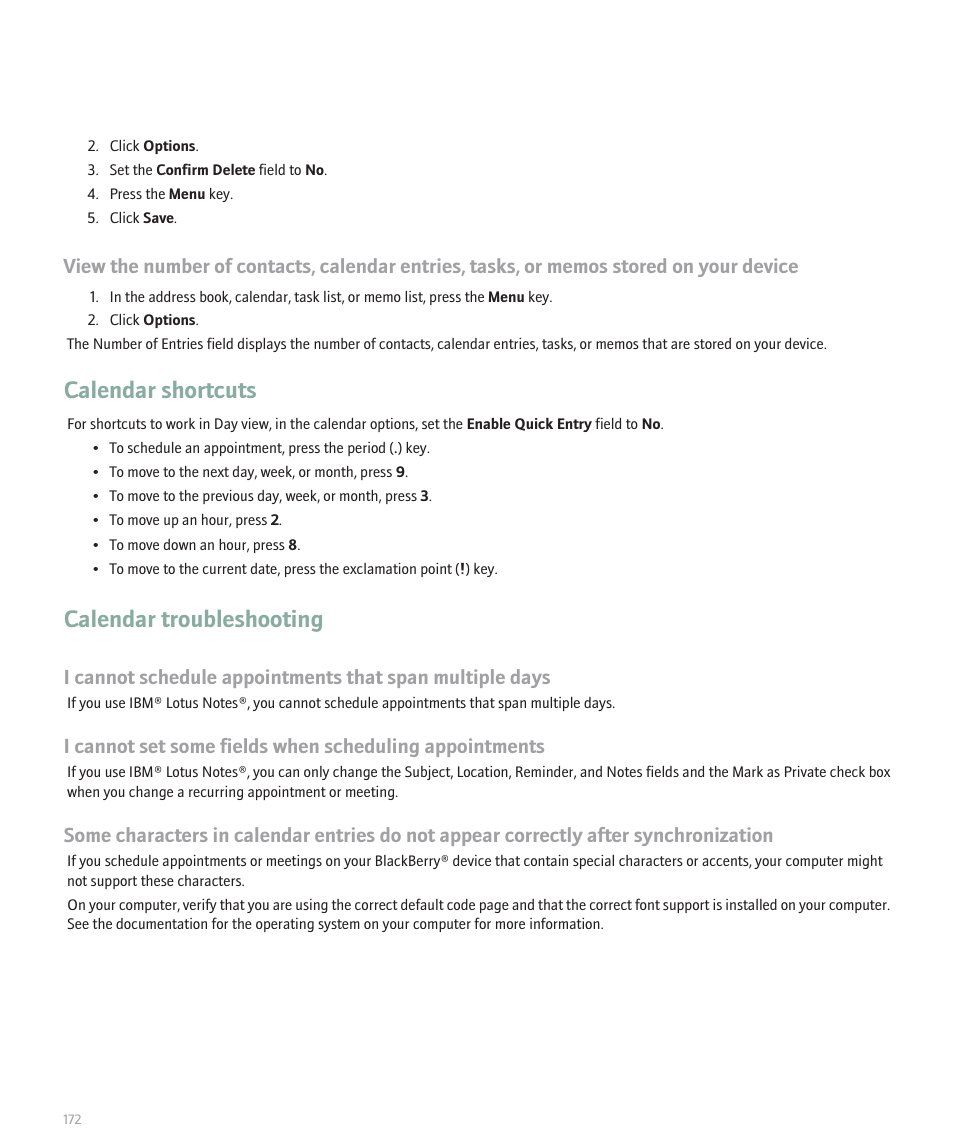 Calendar shortcuts, Calendar troubleshooting | Blackberry 8100 User Manual | Page 174 / 262