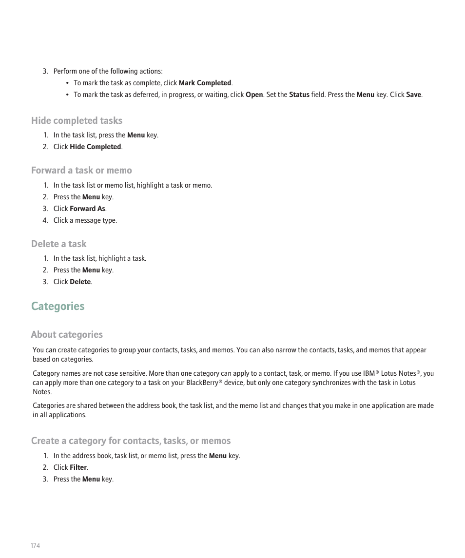 Categories, Hide completed tasks, Delete a task | About categories | Blackberry 8100 User Manual | Page 176 / 262