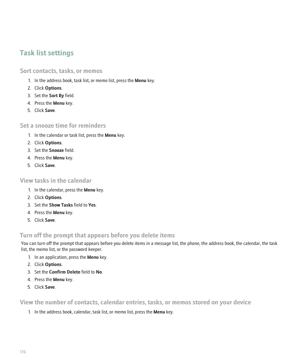 Task list settings, Set a snooze time for reminders, View tasks in the calendar | Blackberry 8100 User Manual | Page 178 / 262