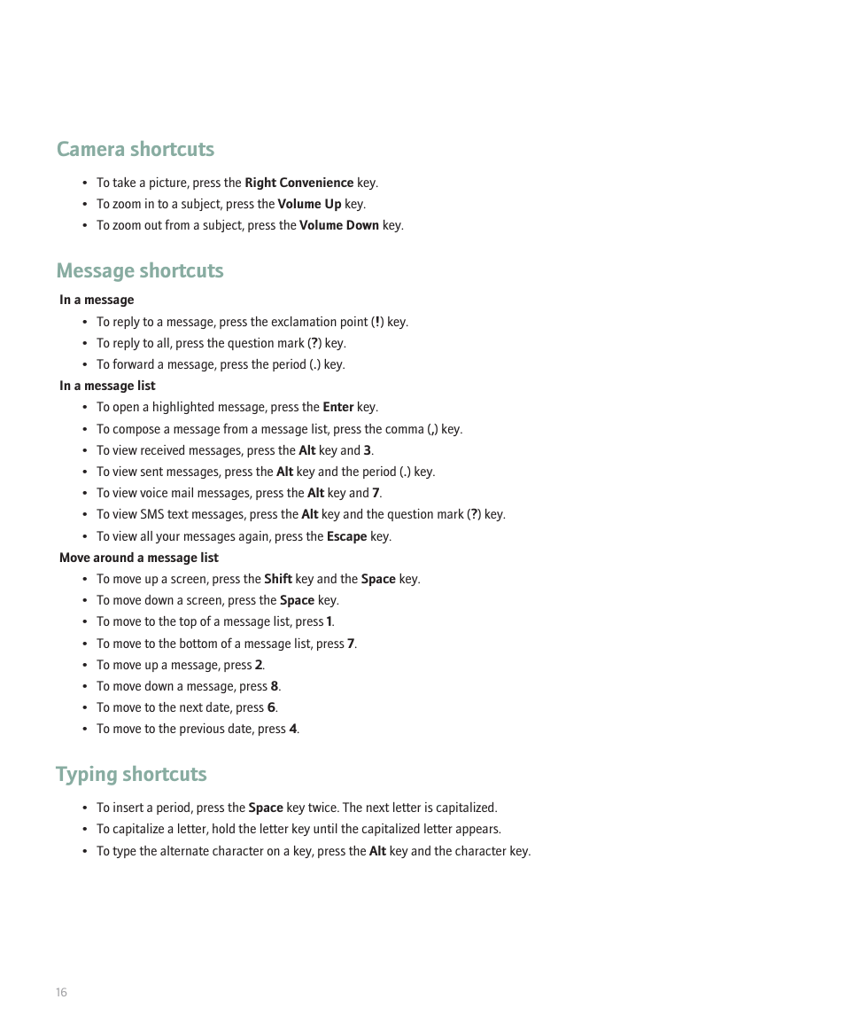 Camera shortcuts, Message shortcuts, Typing shortcuts | Blackberry 8100 User Manual | Page 18 / 262