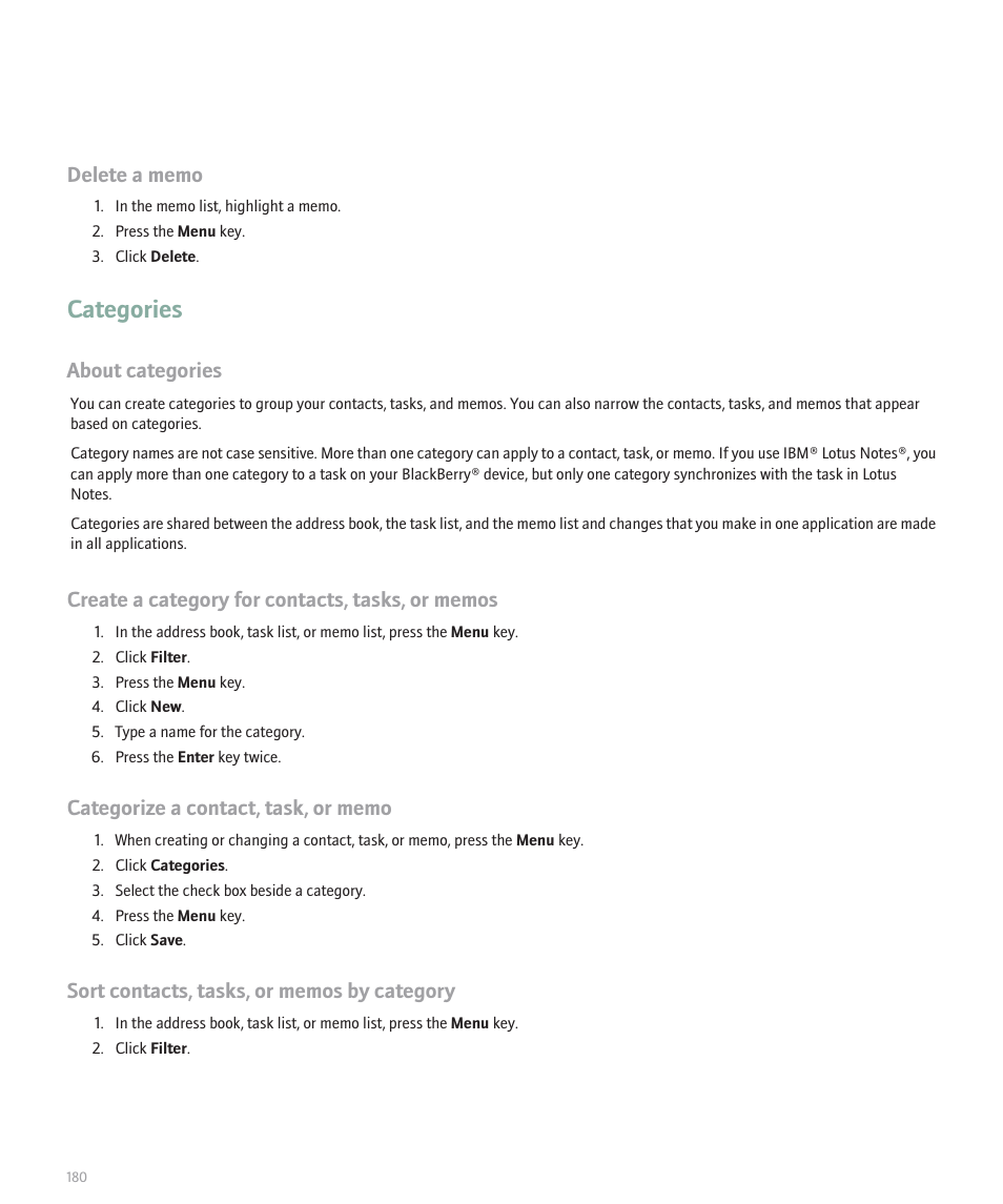 Categories, About categories | Blackberry 8100 User Manual | Page 182 / 262