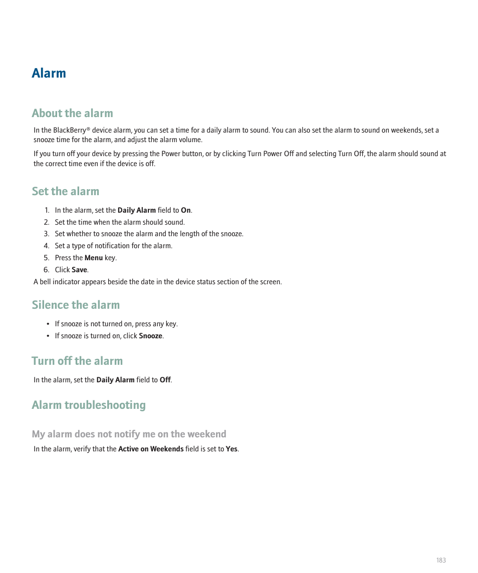 Alarm, About the alarm, Set the alarm | Silence the alarm, Turn off the alarm, Alarm troubleshooting | Blackberry 8100 User Manual | Page 185 / 262