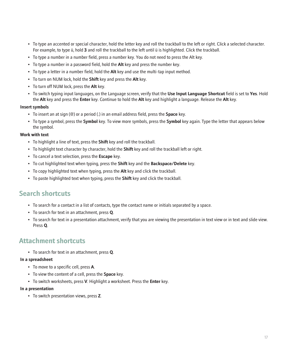 Search shortcuts, Attachment shortcuts | Blackberry 8100 User Manual | Page 19 / 262