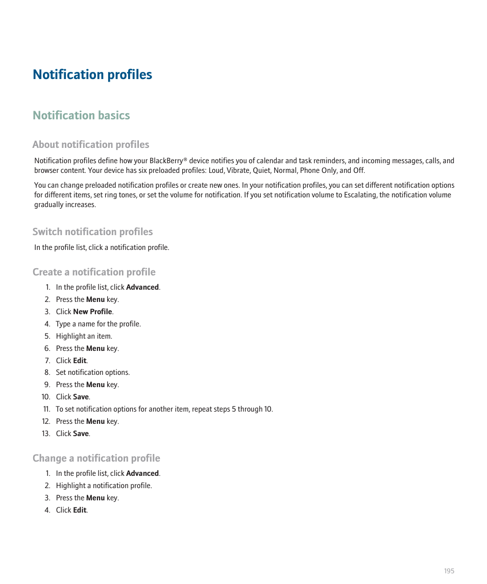 Notification profiles, Notification basics, About notification profiles | Switch notification profiles, Create a notification profile, Change a notification profile | Blackberry 8100 User Manual | Page 197 / 262