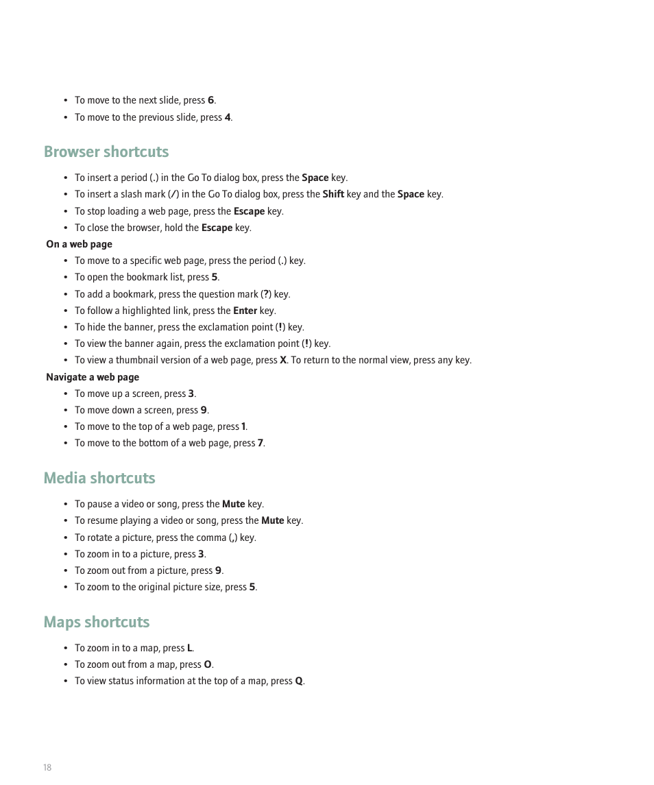 Browser shortcuts, Media shortcuts, Maps shortcuts | Blackberry 8100 User Manual | Page 20 / 262
