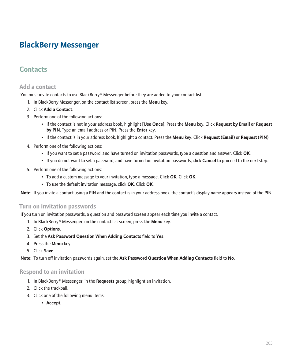 Blackberry messenger, Contacts, Add a contact | Turn on invitation passwords, Respond to an invitation | Blackberry 8100 User Manual | Page 205 / 262