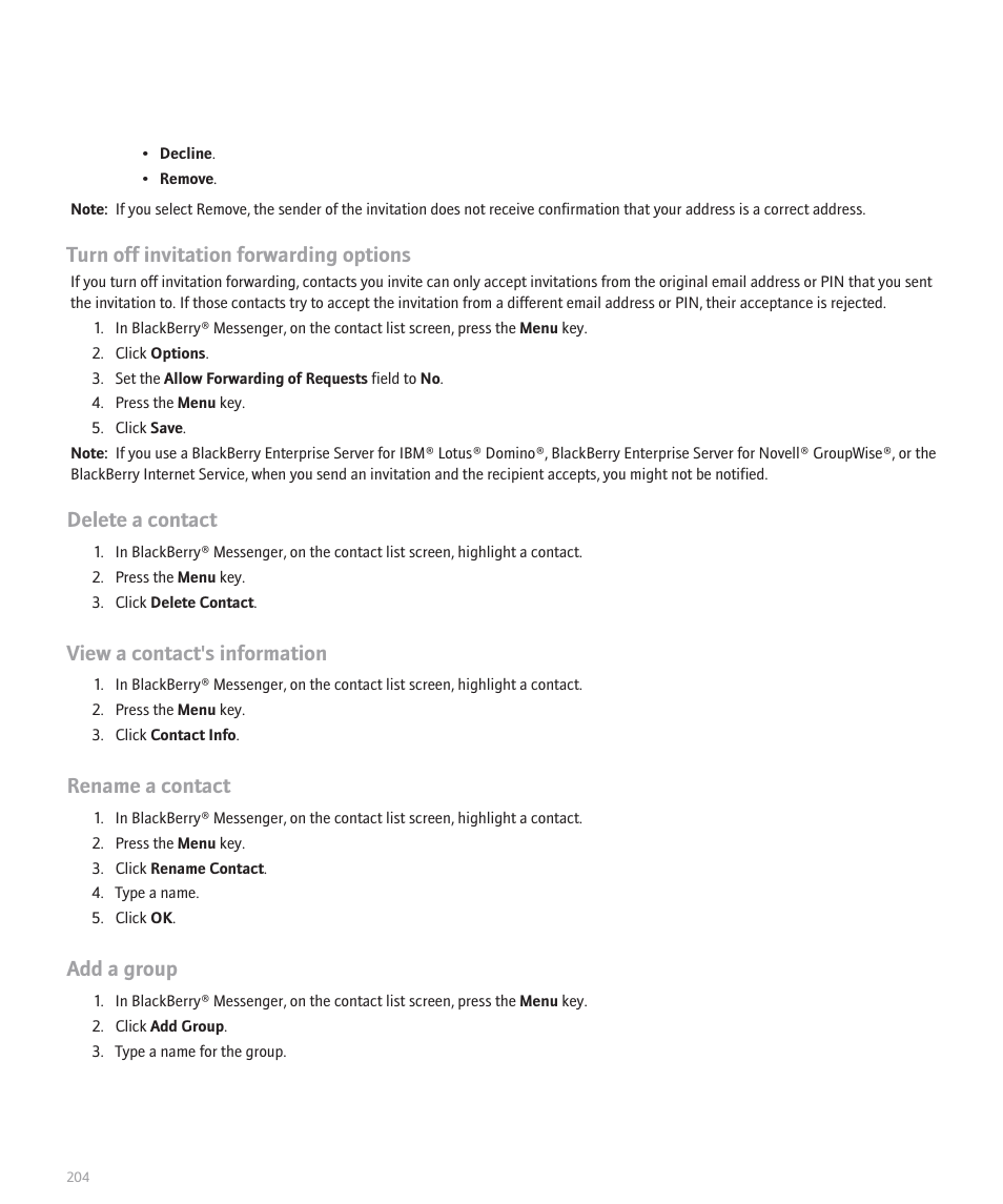 Turn off invitation forwarding options, Delete a contact, View a contact's information | Rename a contact, Add a group | Blackberry 8100 User Manual | Page 206 / 262