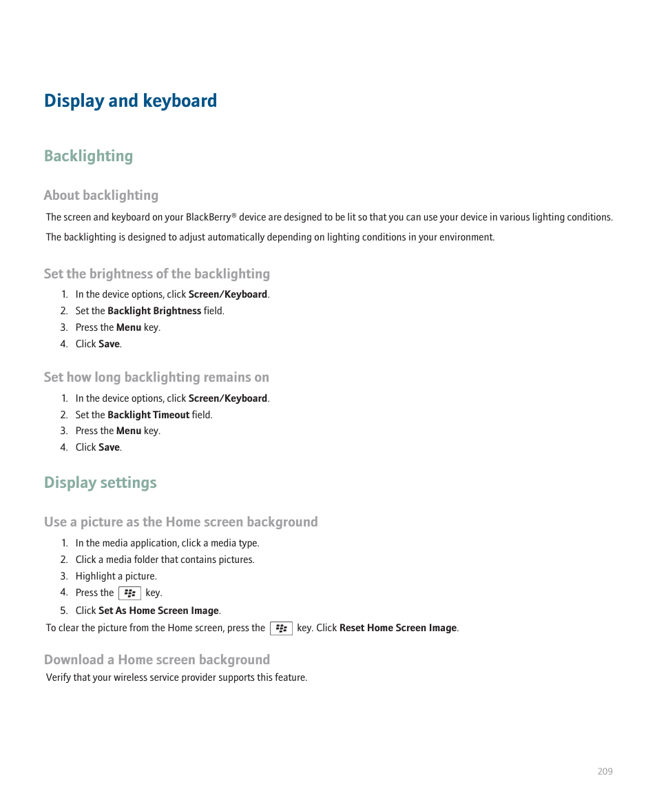 Display and keyboard, Backlighting, Display settings | About backlighting, Set the brightness of the backlighting, Set how long backlighting remains on, Use a picture as the home screen background, Download a home screen background | Blackberry 8100 User Manual | Page 211 / 262