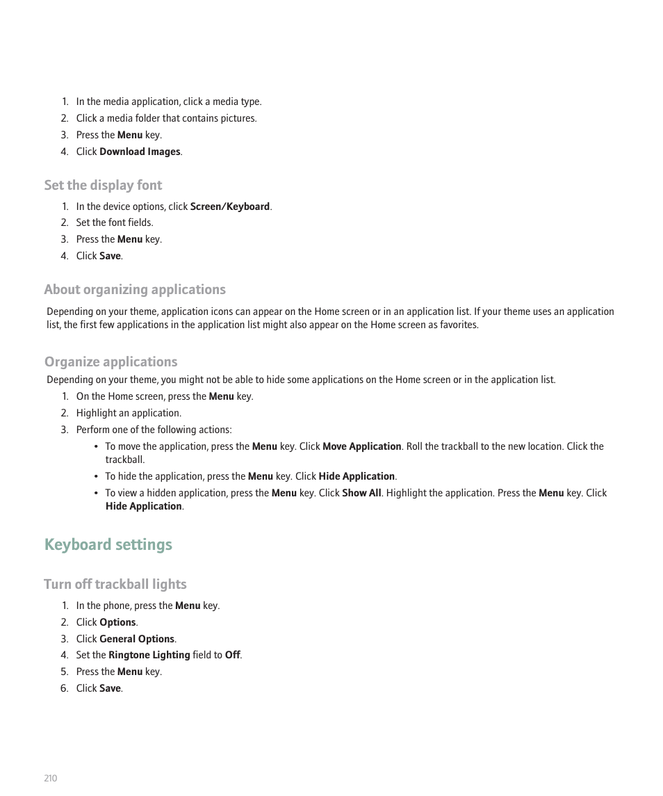 Keyboard settings, Set the display font, About organizing applications | Organize applications, Turn off trackball lights | Blackberry 8100 User Manual | Page 212 / 262