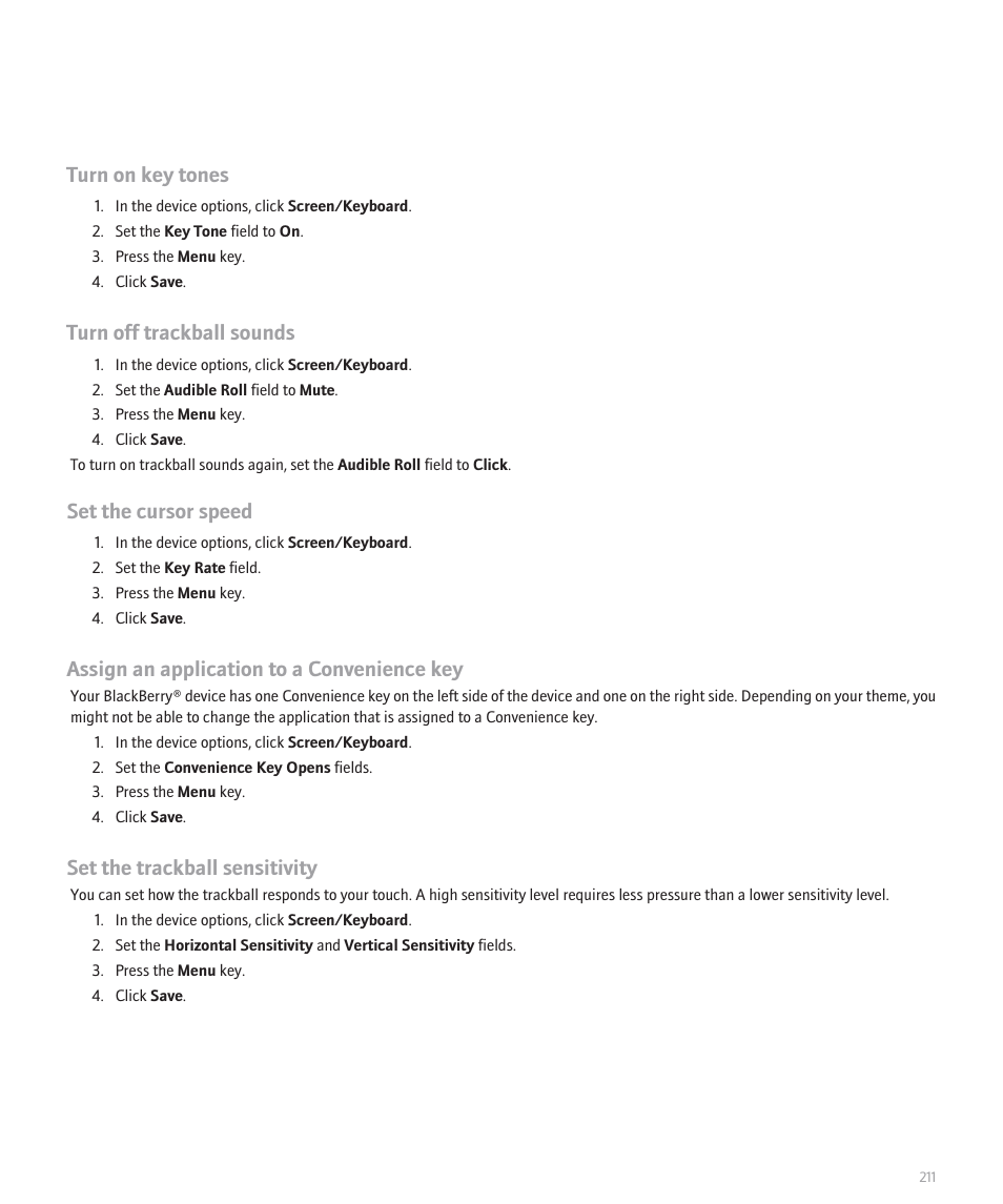 Turn on key tones, Turn off trackball sounds, Set the cursor speed | Assign an application to a convenience key, Set the trackball sensitivity | Blackberry 8100 User Manual | Page 213 / 262