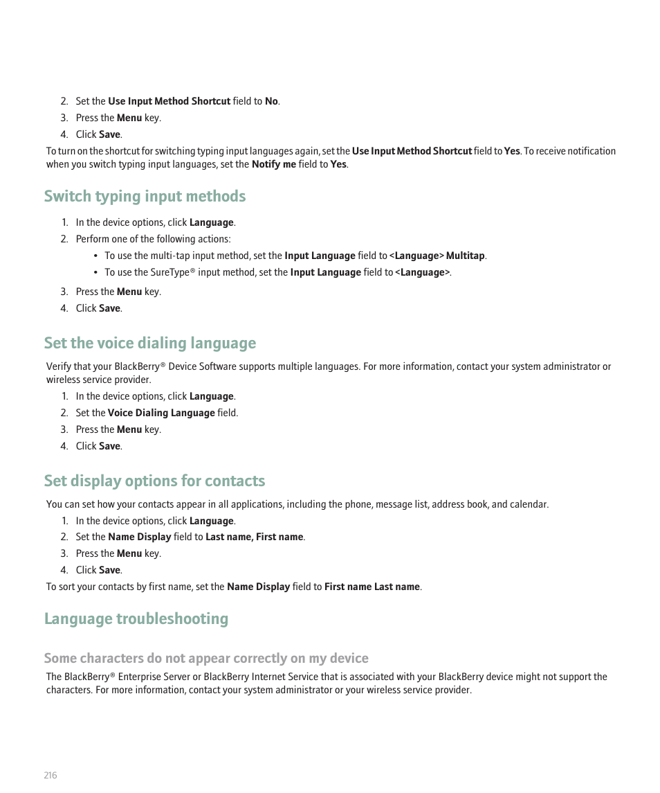 Switch typing input methods, Set the voice dialing language, Set display options for contacts | Language troubleshooting | Blackberry 8100 User Manual | Page 218 / 262