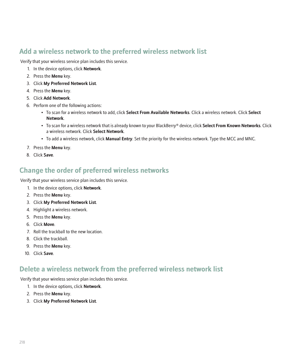 Change the order of preferred wireless networks | Blackberry 8100 User Manual | Page 220 / 262