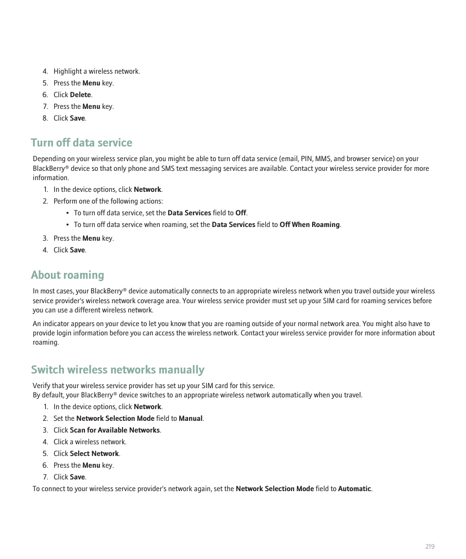 Turn off data service, About roaming, Switch wireless networks manually | Blackberry 8100 User Manual | Page 221 / 262
