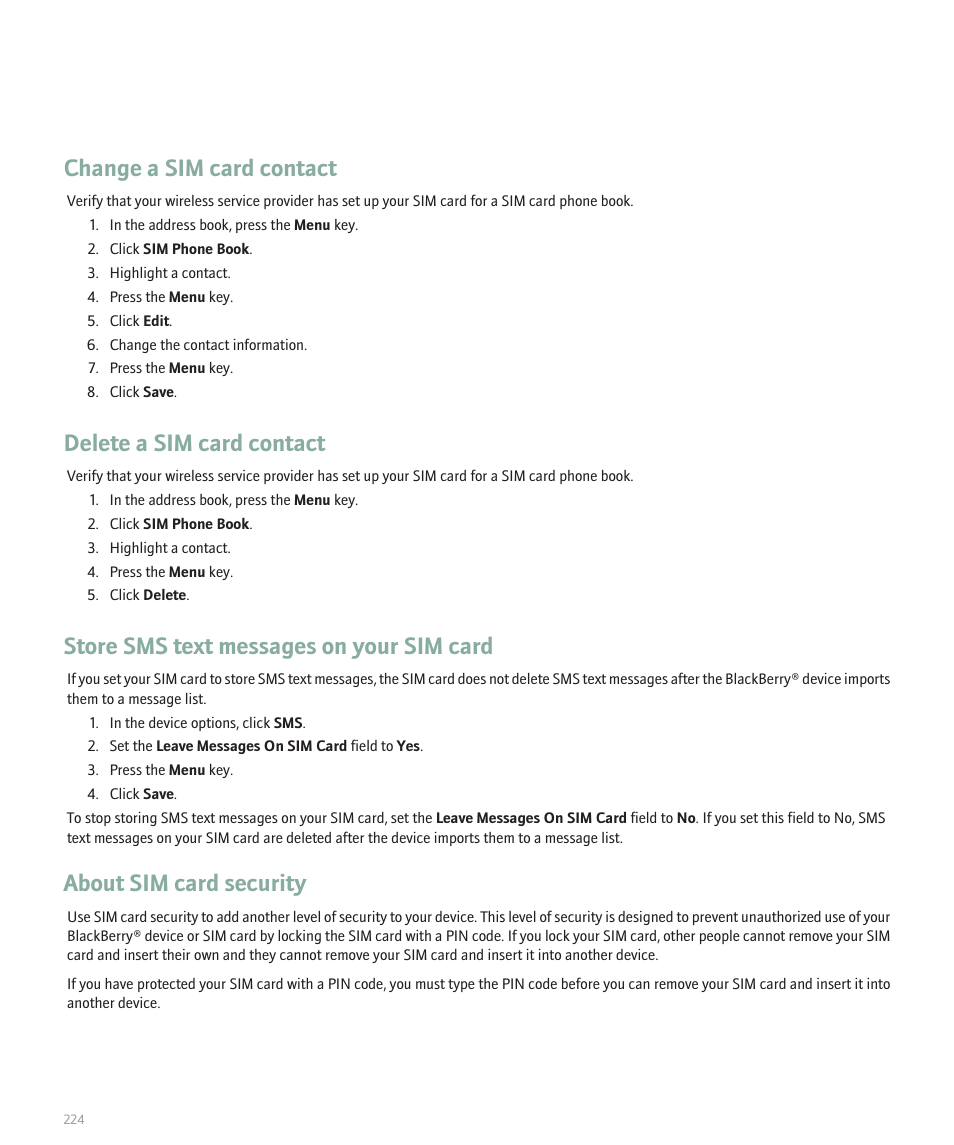 Change a sim card contact, Delete a sim card contact, Store sms text messages on your sim card | About sim card security | Blackberry 8100 User Manual | Page 226 / 262