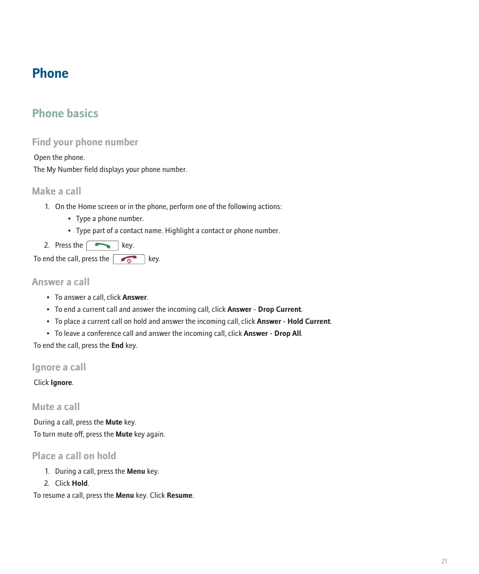 Phone, Phone basics, Find your phone number | Make a call, Answer a call, Ignore a call, Mute a call, Place a call on hold | Blackberry 8100 User Manual | Page 23 / 262