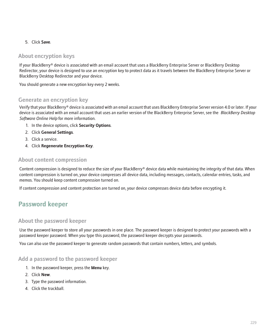 Password keeper, About encryption keys, Generate an encryption key | About content compression, About the password keeper, Add a password to the password keeper | Blackberry 8100 User Manual | Page 231 / 262