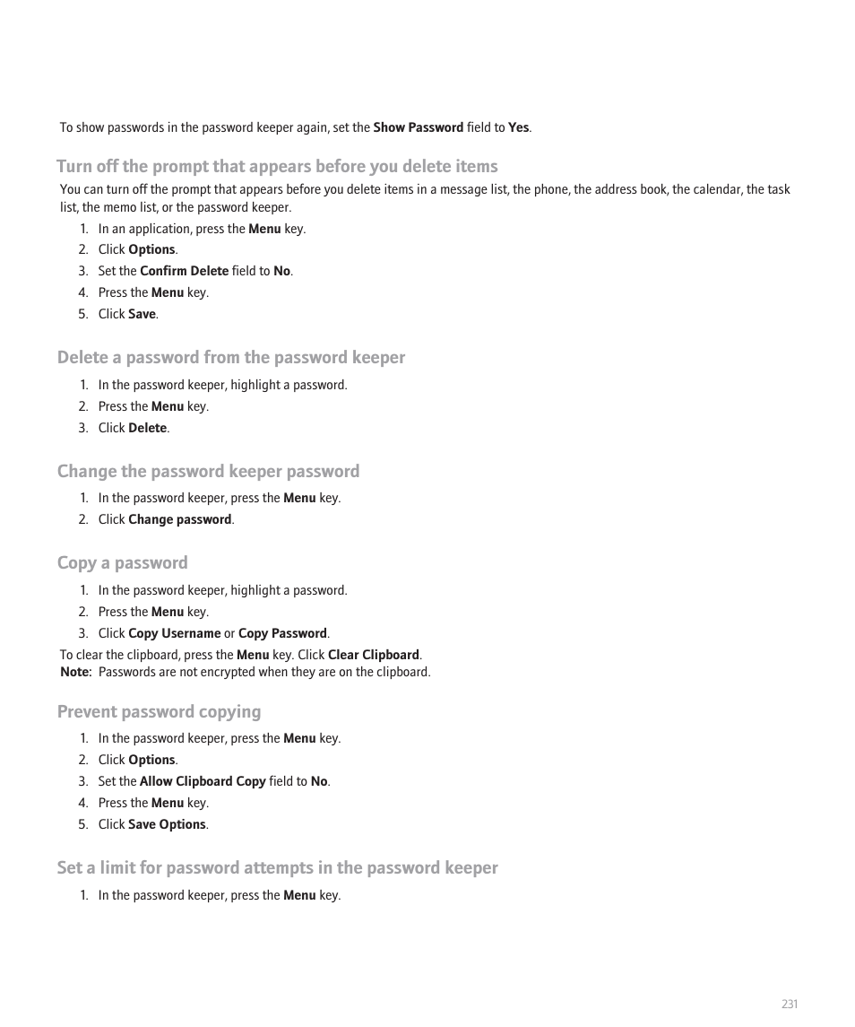 Delete a password from the password keeper, Change the password keeper password, Copy a password | Prevent password copying | Blackberry 8100 User Manual | Page 233 / 262