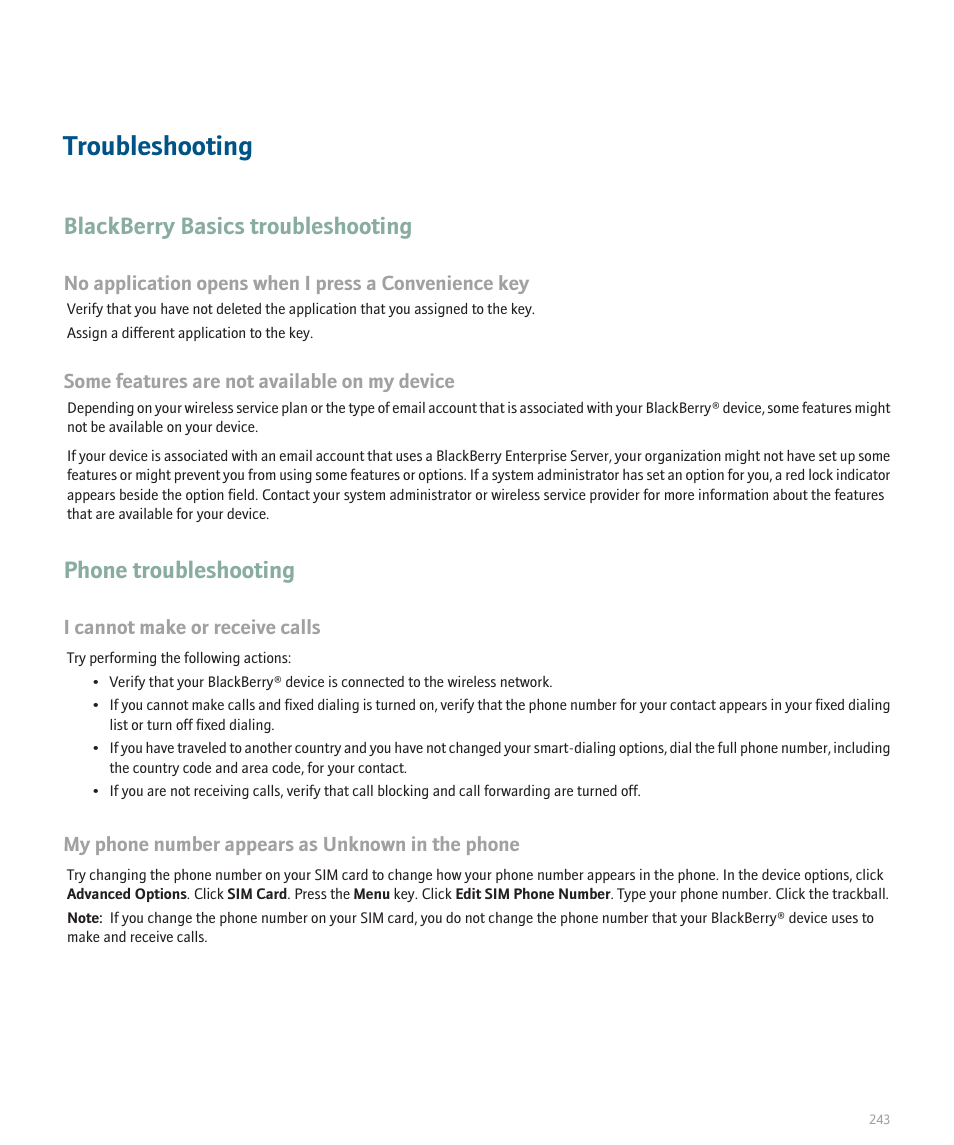 Troubleshooting, Blackberry basics troubleshooting, Phone troubleshooting | Blackberry 8100 User Manual | Page 245 / 262
