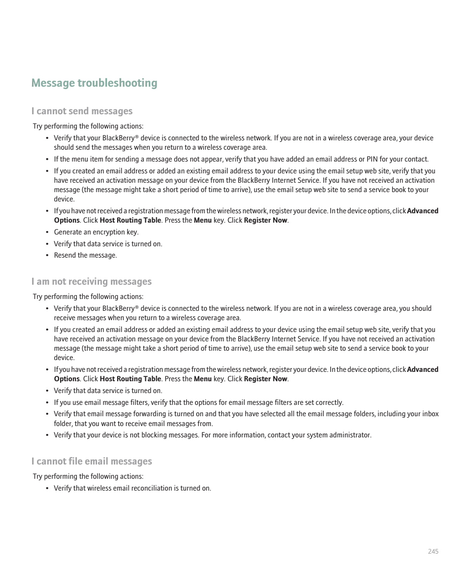 Message troubleshooting, I cannot send messages, I am not receiving messages | I cannot file email messages | Blackberry 8100 User Manual | Page 247 / 262