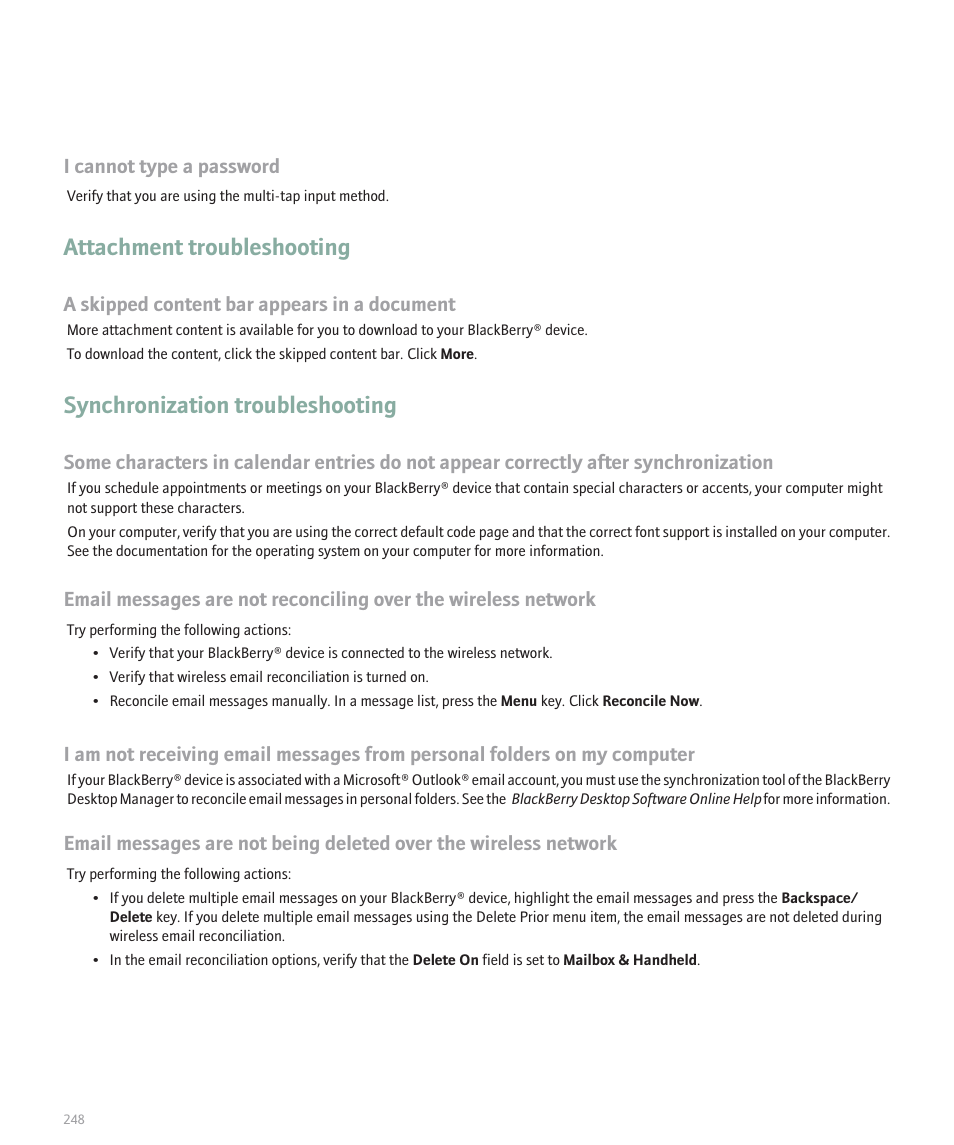 Attachment troubleshooting, Synchronization troubleshooting | Blackberry 8100 User Manual | Page 250 / 262