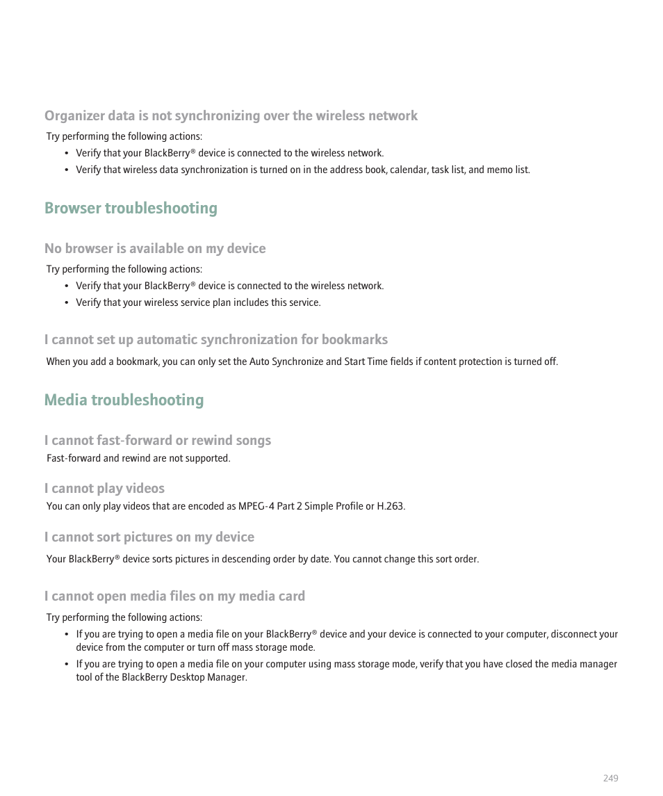 Browser troubleshooting, Media troubleshooting | Blackberry 8100 User Manual | Page 251 / 262