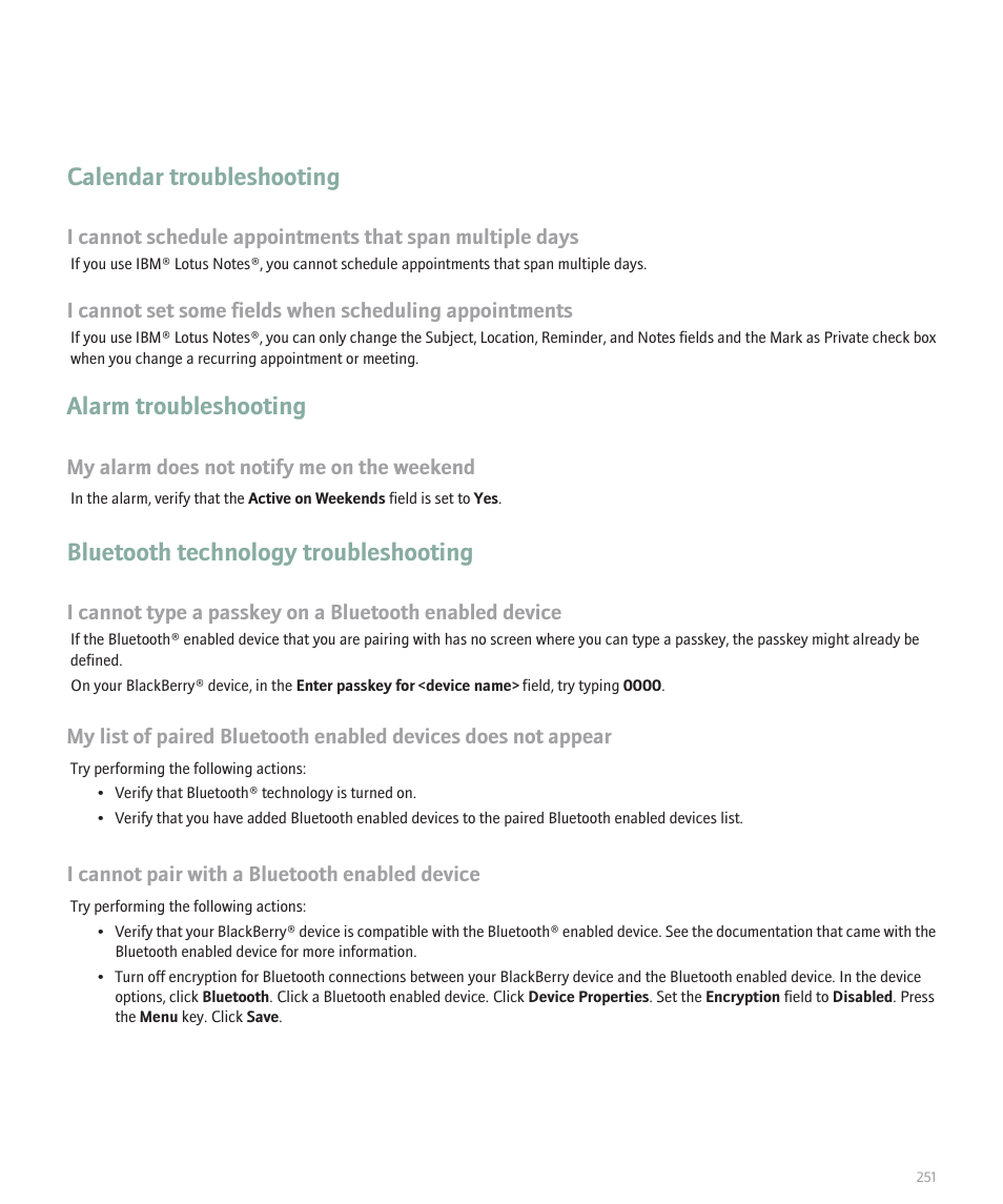 Calendar troubleshooting, Alarm troubleshooting, Bluetooth technology troubleshooting | Blackberry 8100 User Manual | Page 253 / 262