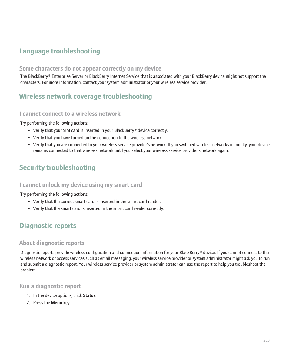 Language troubleshooting, Wireless network coverage troubleshooting, Security troubleshooting | Diagnostic reports | Blackberry 8100 User Manual | Page 255 / 262