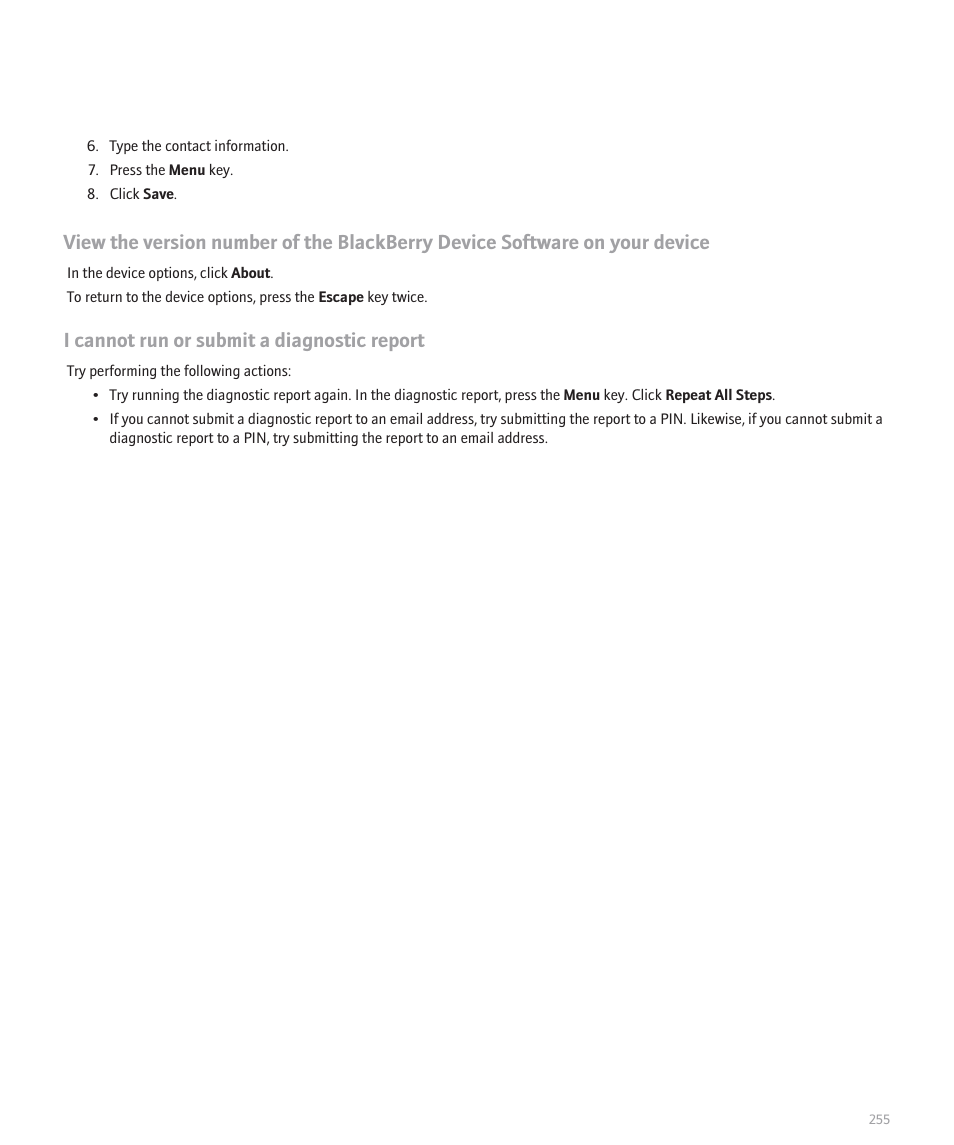 I cannot run or submit a diagnostic report | Blackberry 8100 User Manual | Page 257 / 262