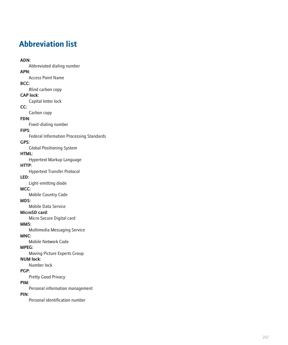 Abbreviation list | Blackberry 8100 User Manual | Page 259 / 262