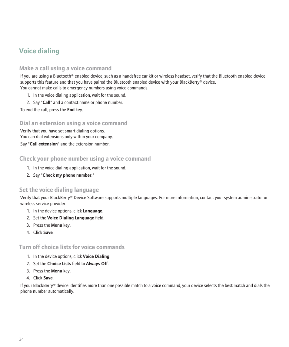 Voice dialing, Make a call using a voice command, Dial an extension using a voice command | Check your phone number using a voice command, Set the voice dialing language, Turn off choice lists for voice commands | Blackberry 8100 User Manual | Page 26 / 262