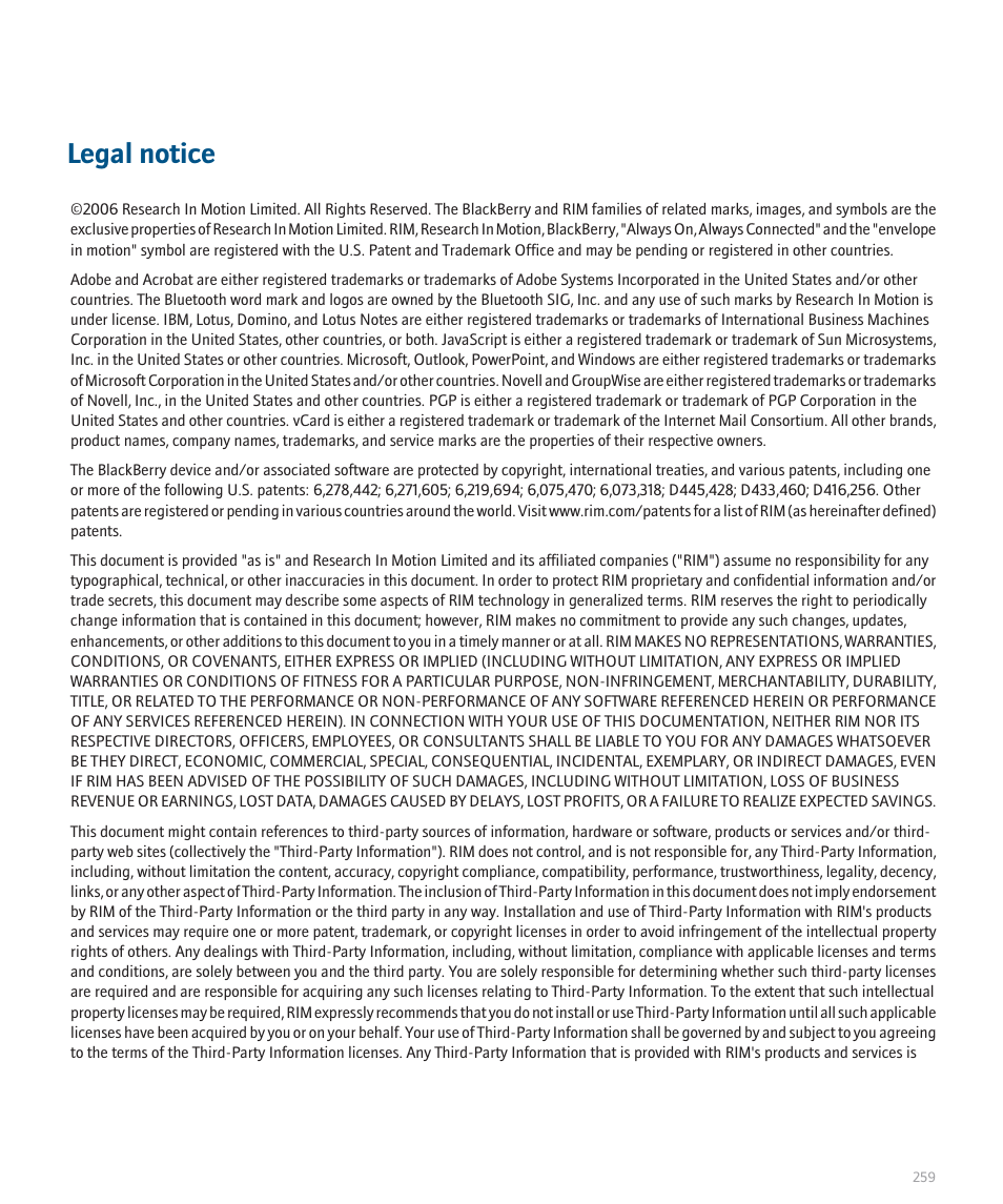 Legal notice | Blackberry 8100 User Manual | Page 261 / 262