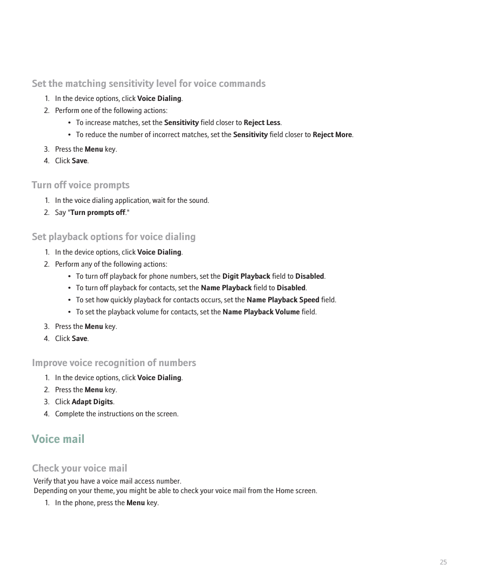 Voice mail, Turn off voice prompts, Set playback options for voice dialing | Improve voice recognition of numbers, Check your voice mail | Blackberry 8100 User Manual | Page 27 / 262