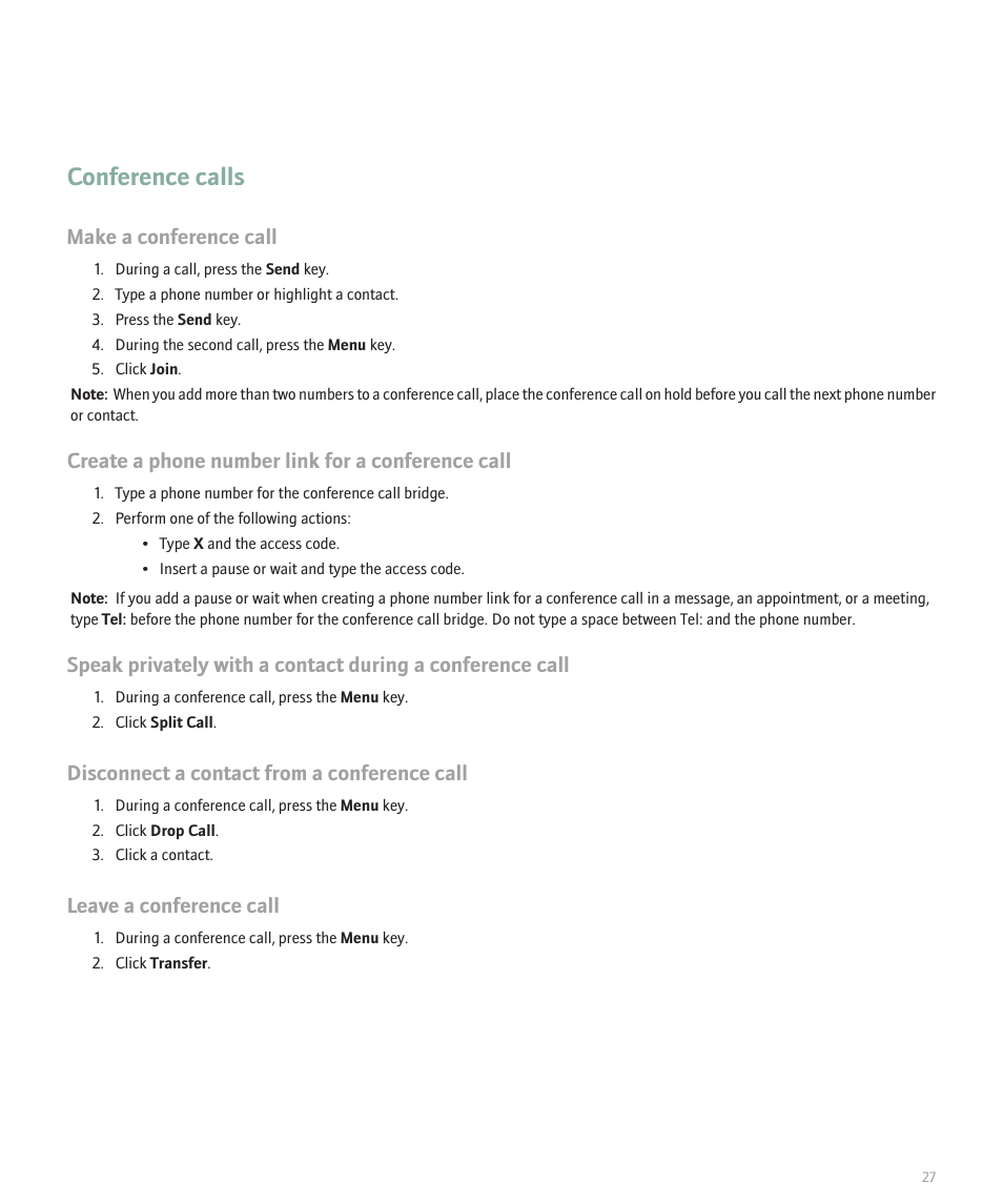 Conference calls, Make a conference call, Create a phone number link for a conference call | Disconnect a contact from a conference call, Leave a conference call | Blackberry 8100 User Manual | Page 29 / 262