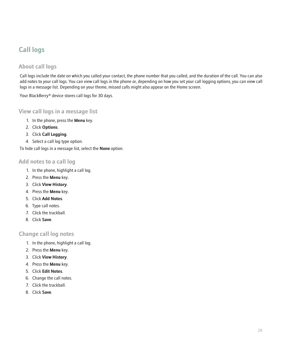 Call logs, About call logs, View call logs in a message list | Blackberry 8100 User Manual | Page 31 / 262