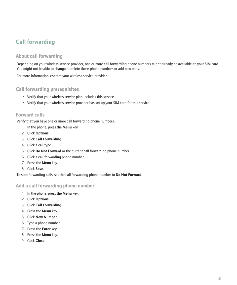 Call forwarding, About call forwarding, Call forwarding prerequisites | Forward calls, Add a call forwarding phone number | Blackberry 8100 User Manual | Page 33 / 262