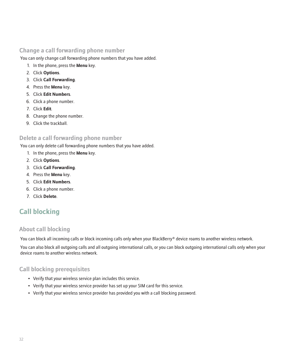 Call blocking, Change a call forwarding phone number, Delete a call forwarding phone number | About call blocking, Call blocking prerequisites | Blackberry 8100 User Manual | Page 34 / 262