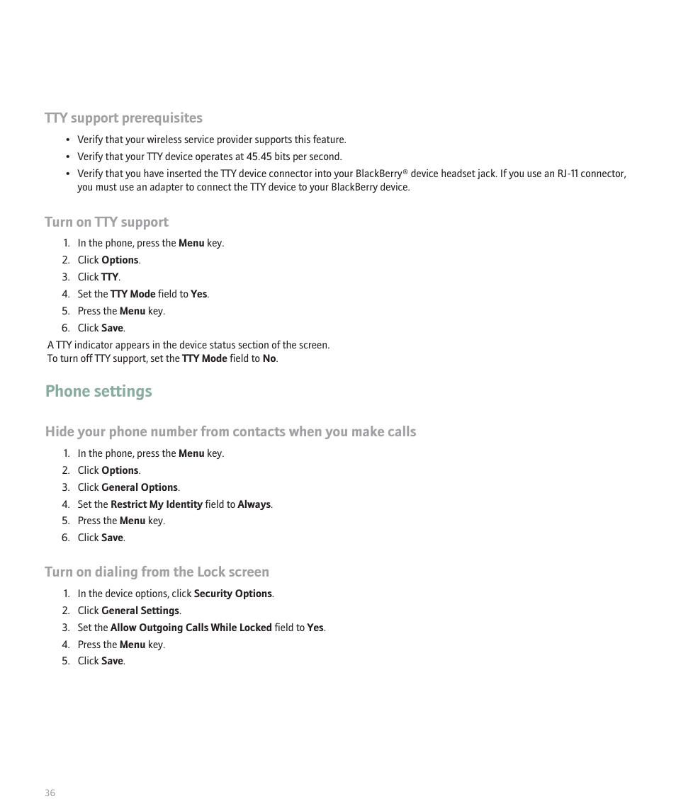 Phone settings, Tty support prerequisites, Turn on tty support | Turn on dialing from the lock screen | Blackberry 8100 User Manual | Page 38 / 262