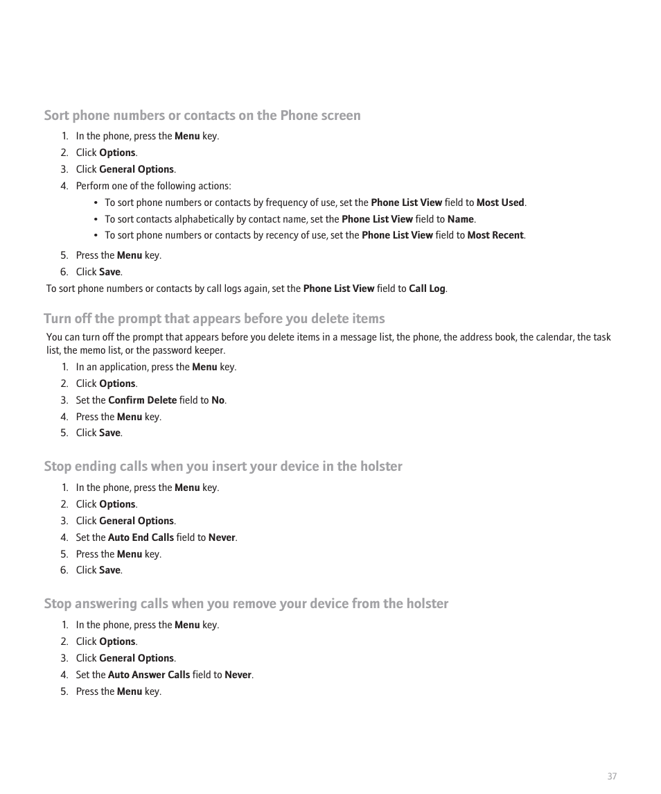 Sort phone numbers or contacts on the phone screen | Blackberry 8100 User Manual | Page 39 / 262