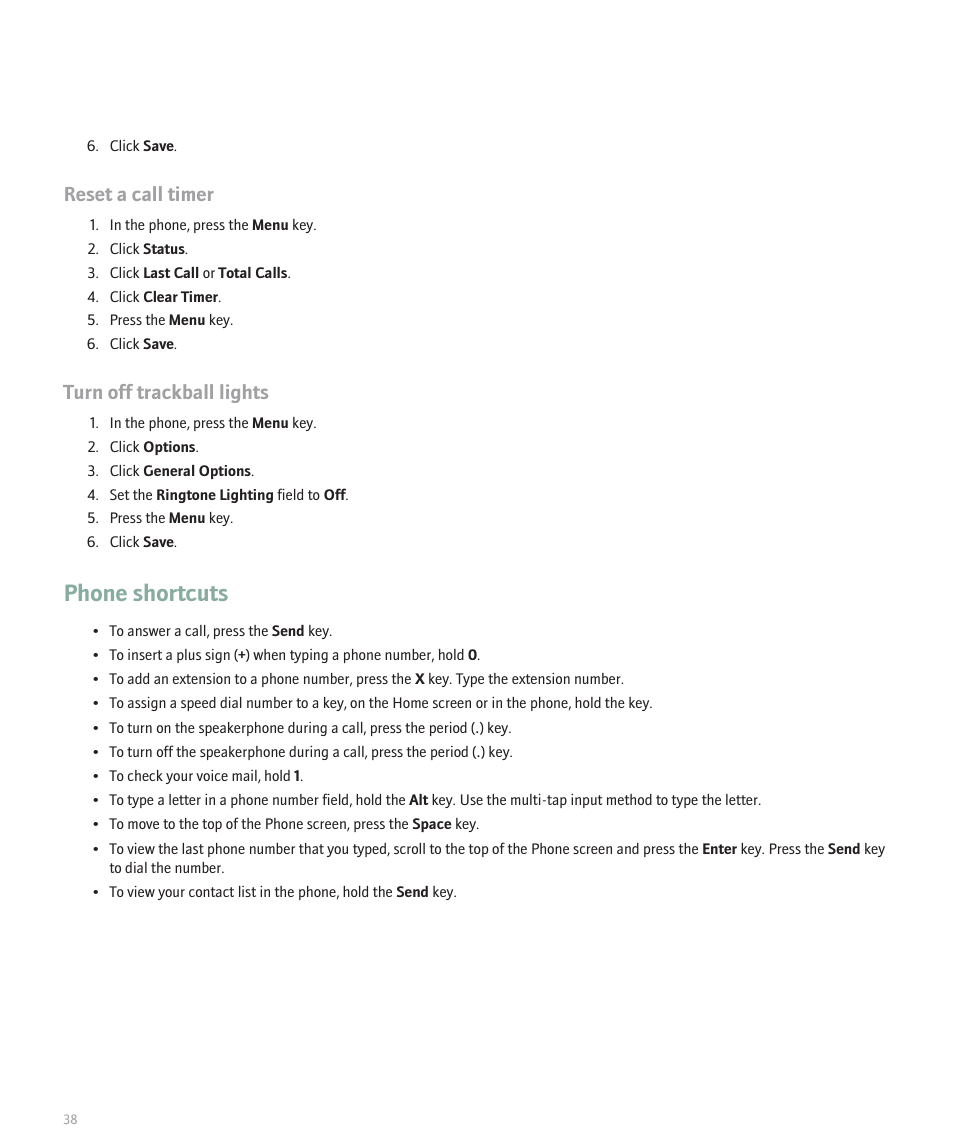 Phone shortcuts, Reset a call timer, Turn off trackball lights | Blackberry 8100 User Manual | Page 40 / 262