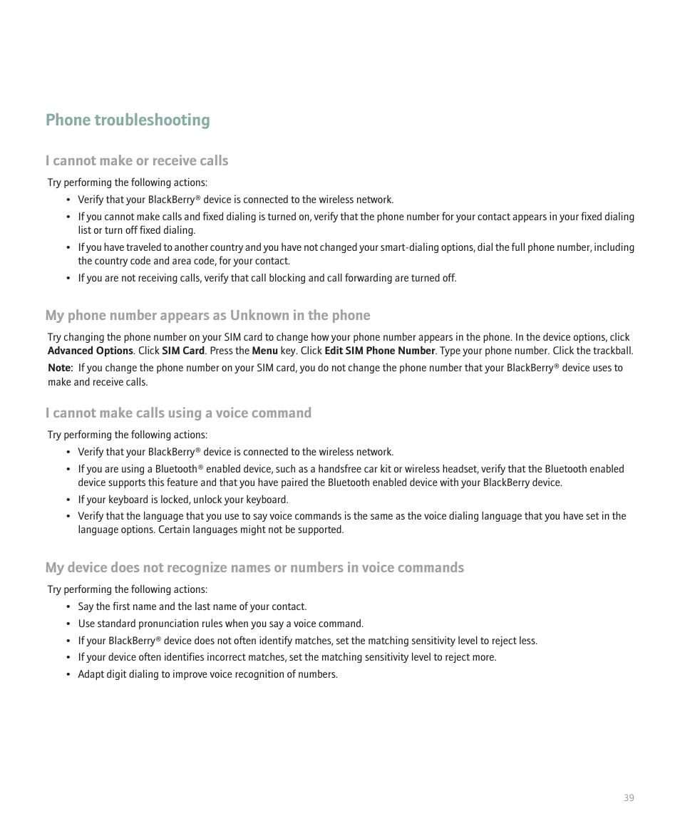 Phone troubleshooting, I cannot make or receive calls, My phone number appears as unknown in the phone | I cannot make calls using a voice command | Blackberry 8100 User Manual | Page 41 / 262