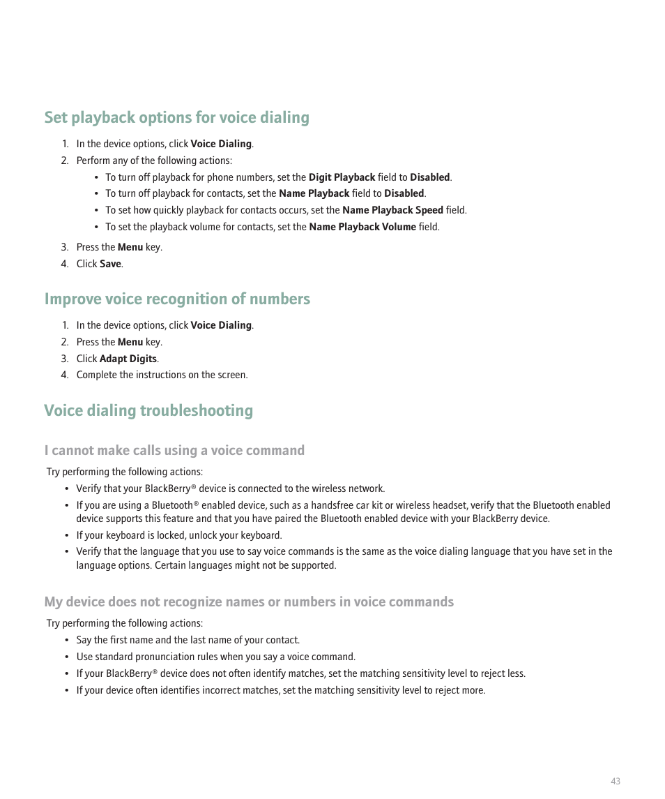 Set playback options for voice dialing, Improve voice recognition of numbers, Voice dialing troubleshooting | I cannot make calls using a voice command | Blackberry 8100 User Manual | Page 45 / 262